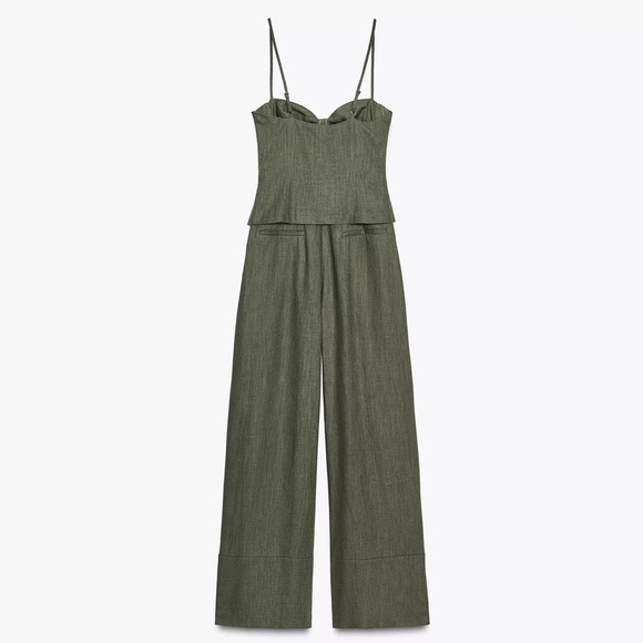 Zara NWT Olive Green Linen Blend Wide Leg Jumpsuit with Bow Details (Size Small) - Picture 11 of 12